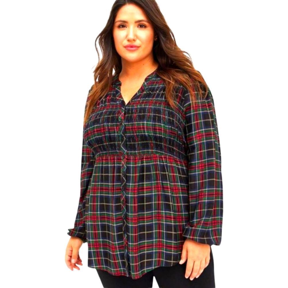 TORRID Plus Size Babydoll Twill Smocked Button Front Plaid Hi-Lo Hem Tunic 2X